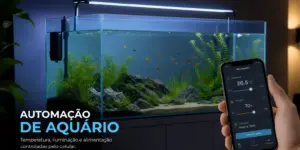 Aquário com iluminação LED e app de controle exibido em celular