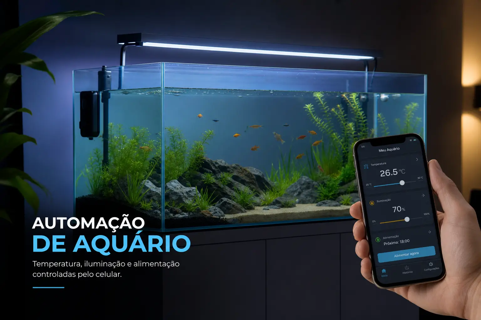 Aquário com iluminação LED e app de controle exibido em celular