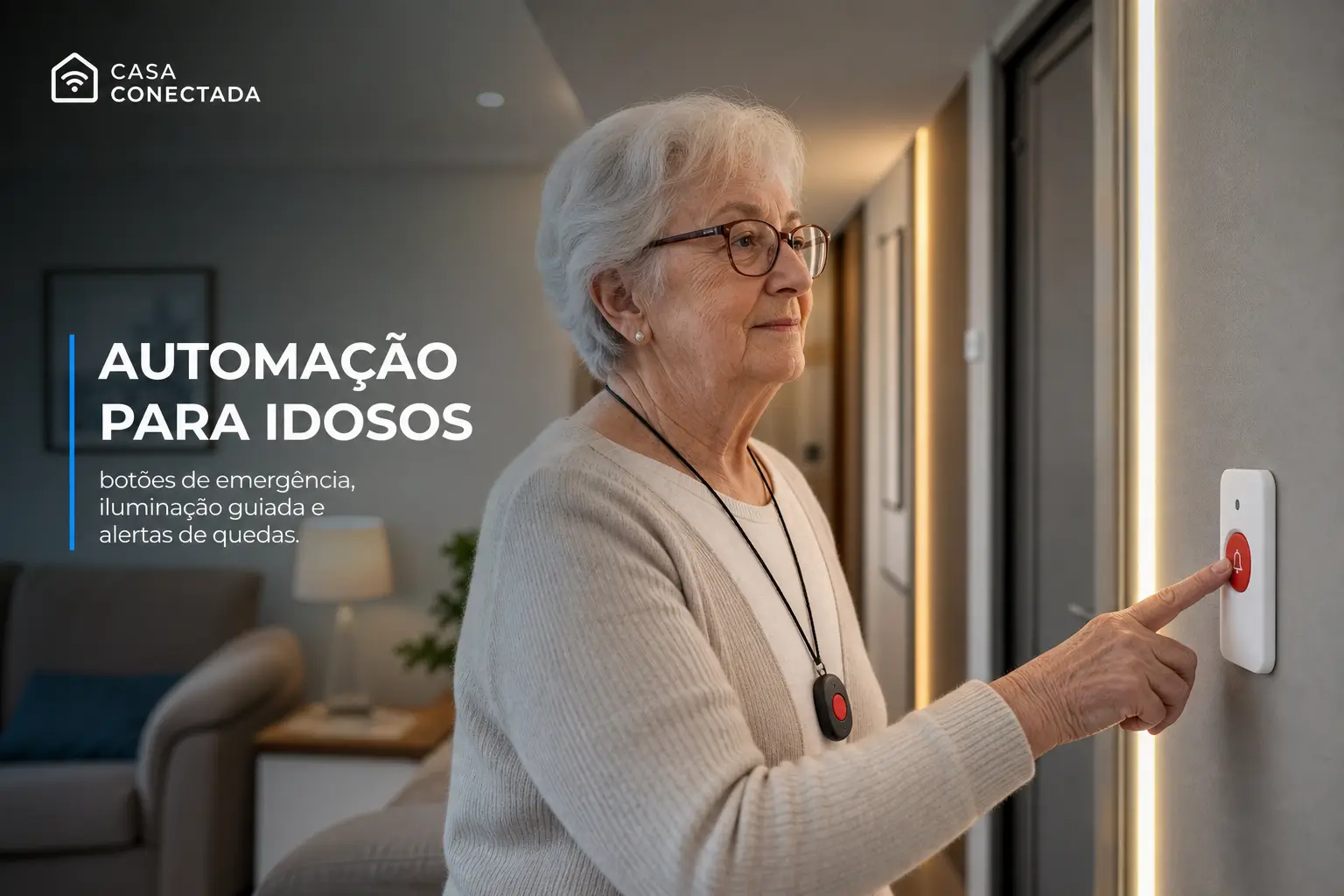 Idosa aponta para botão de alarme no corredor para automação