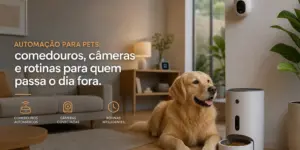 Golden retriever ao lado de comedouro automático e câmera na sala