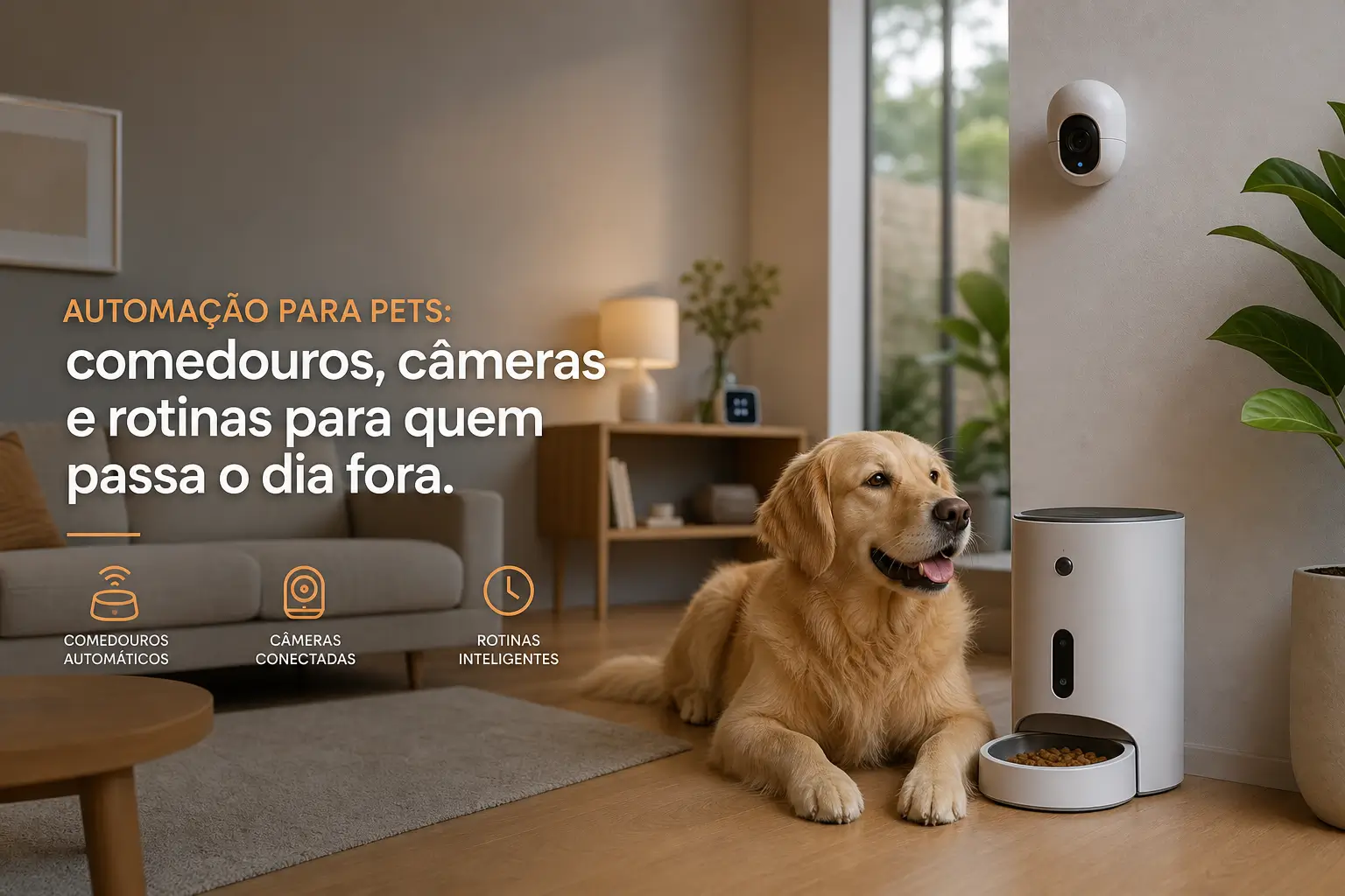 Golden retriever ao lado de comedouro automático e câmera na sala
