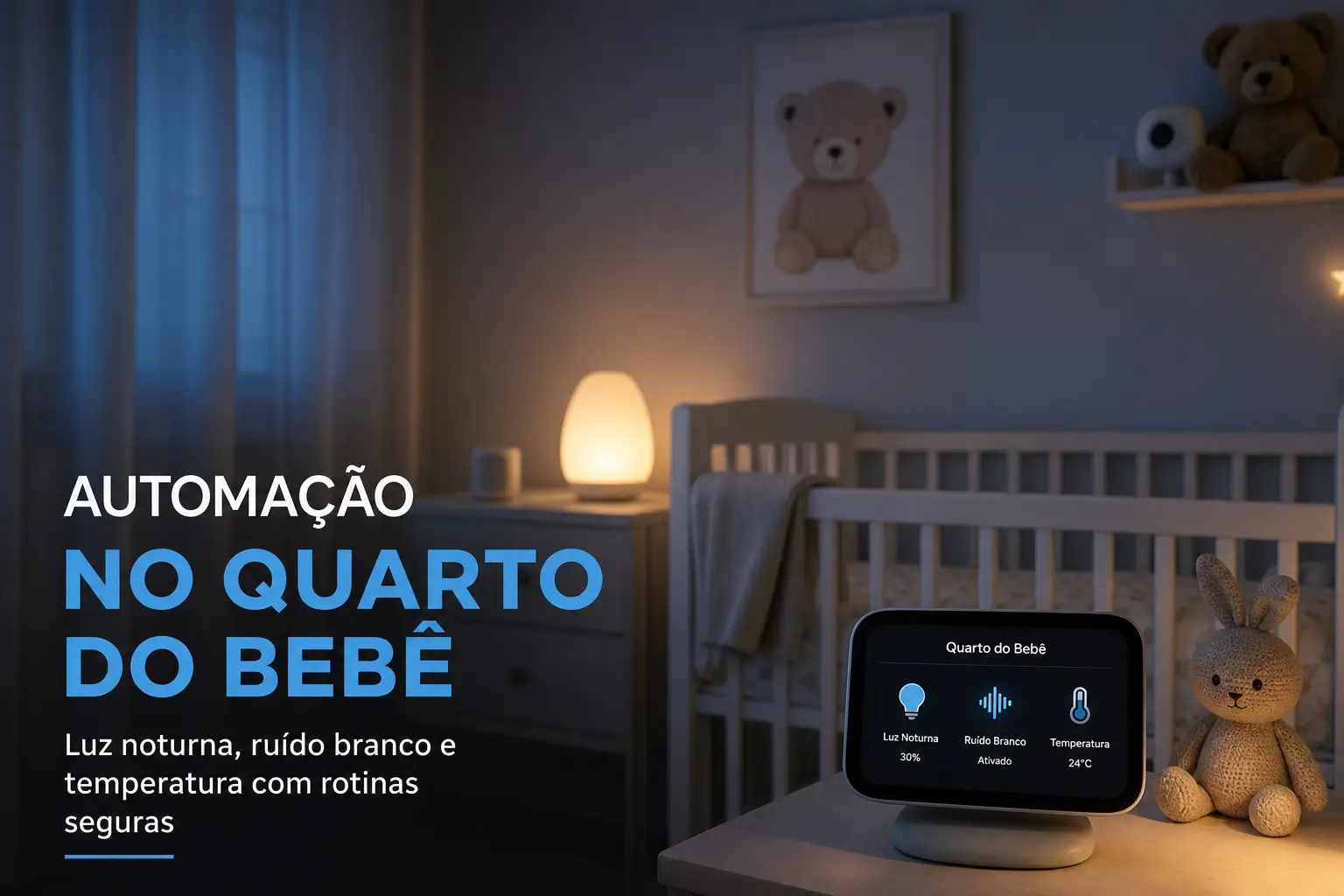 Quarto do bebê automatizado com luz noturna e ruído branco