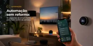 Pessoa ajusta termostato inteligente em casa moderna ao entardecer