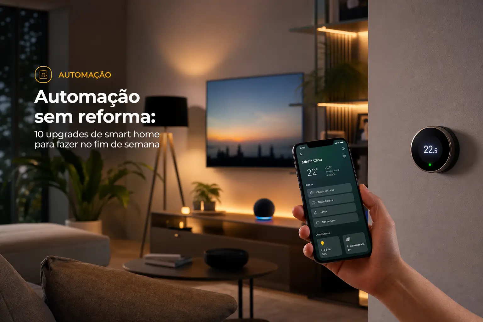 Pessoa ajusta termostato inteligente em casa moderna ao entardecer