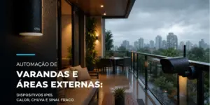 Varanda moderna ao entardecer com vista para a cidade e câmera CCTV