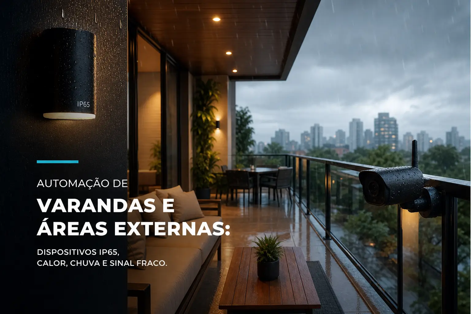 Varanda moderna ao entardecer com vista para a cidade e câmera CCTV