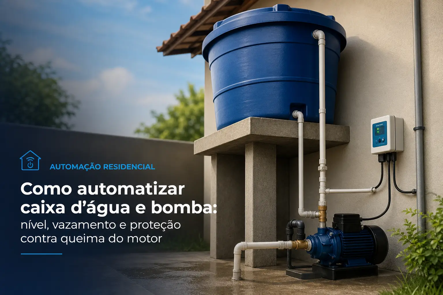 Sistema automático de água residencial com caixa, bomba e controle