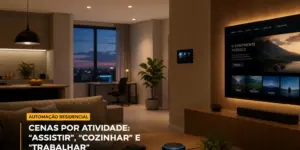 Sala iluminada com automação residencial, sofá e painel