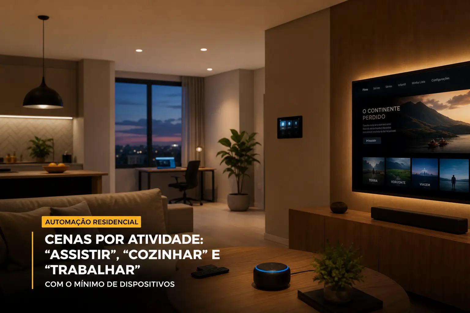 Sala iluminada com automação residencial, sofá e painel