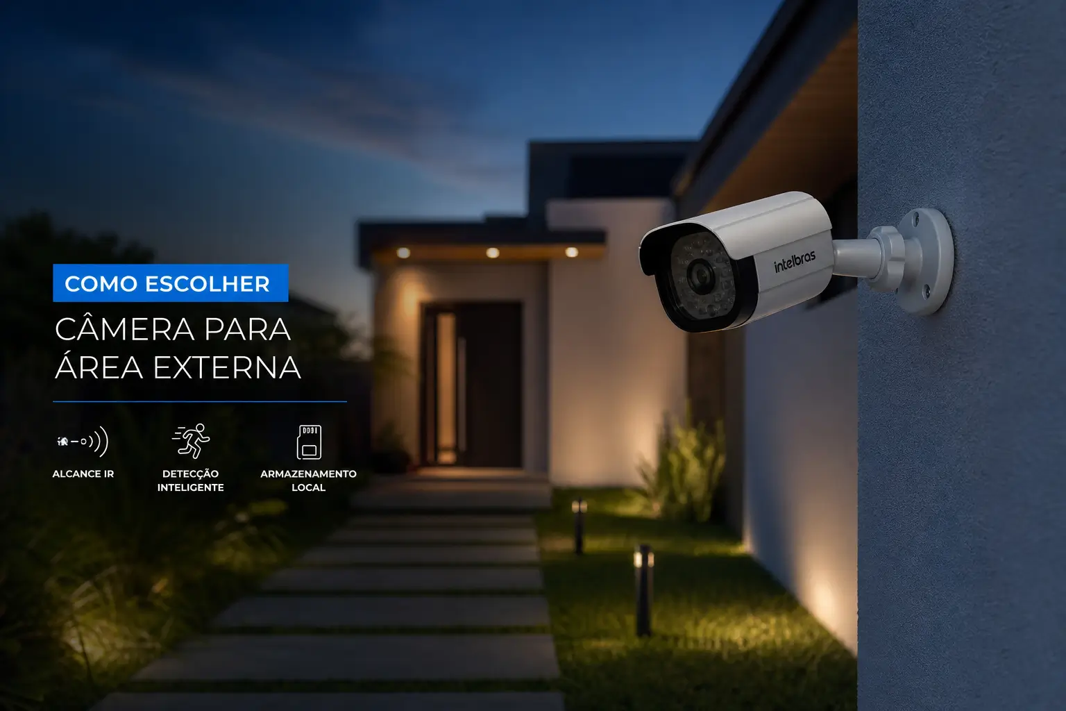 Câmera de vigilância externa com texto 'Como escolher câmera'