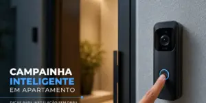 Close-up de campainha inteligente preta com anel azul em uso