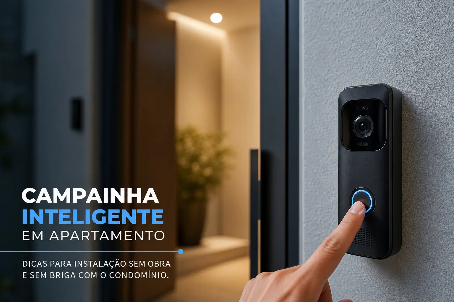 Close-up de campainha inteligente preta com anel azul em uso