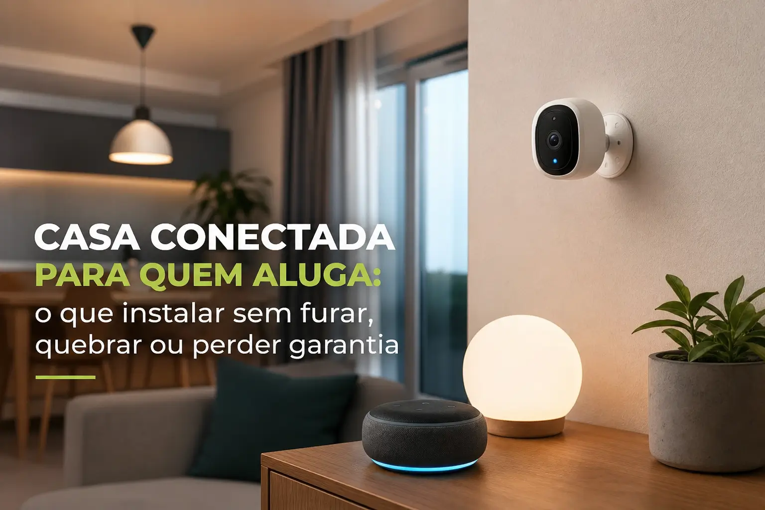 Sala moderna com câmera de segurança e alto-falante inteligente