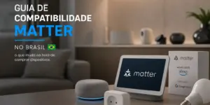 Tablet com Matter, tomada e lâmpada inteligente, cartaz compatível com Alexa e Google Home