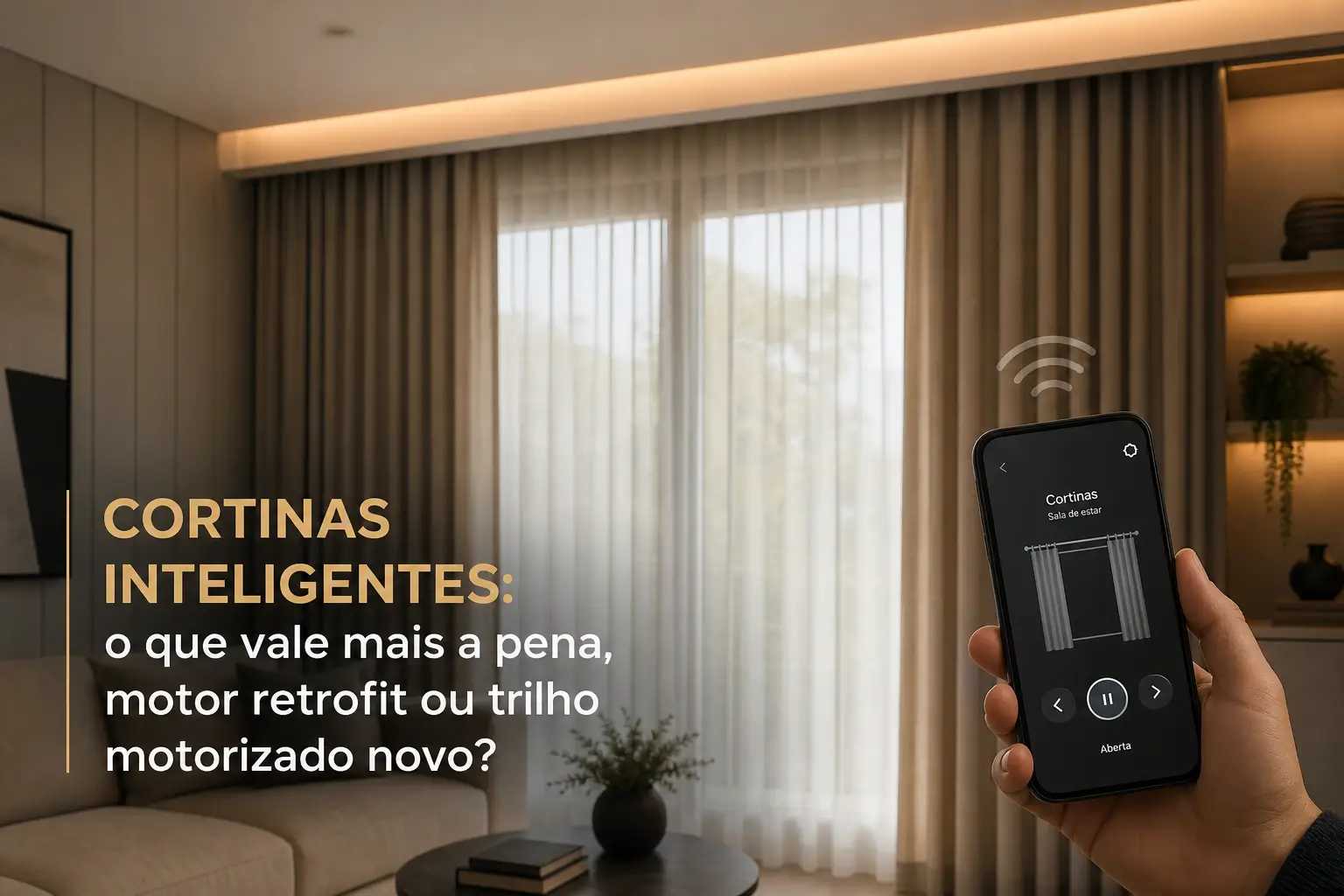 Pessoa com app de controle de cortinas no celular em sala moderna