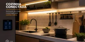 Cozinha moderna com LEDs, bancada branca e fogão central