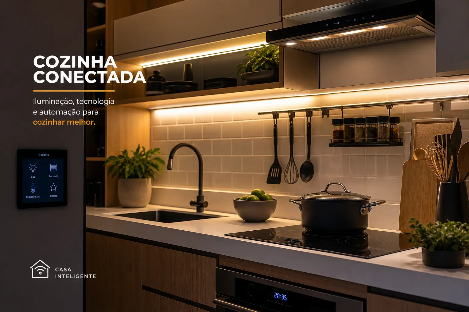 Cozinha moderna com LEDs, bancada branca e fogão central