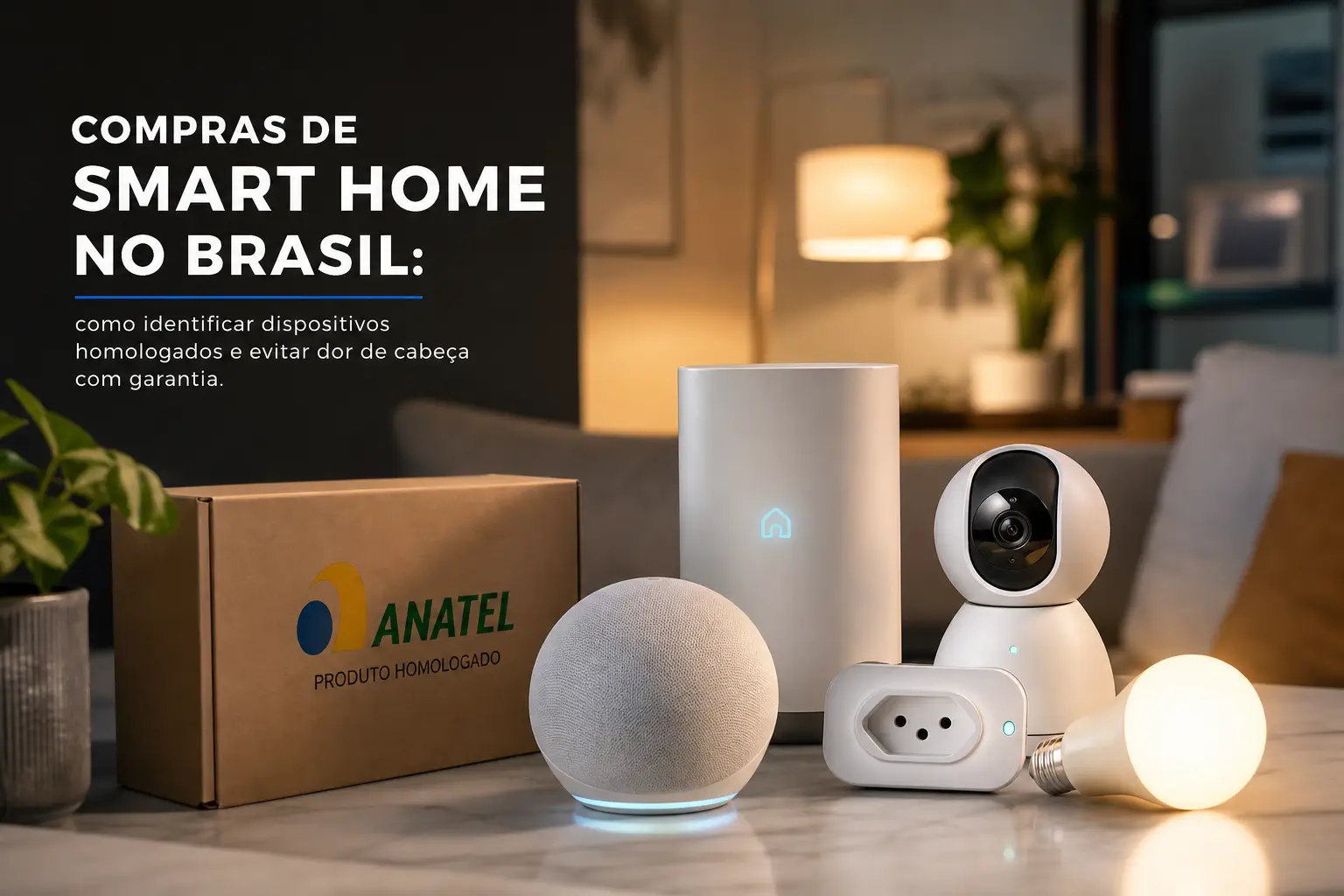 Sala com dispositivos inteligentes homologados pela ANATEL para smart home