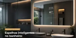 Espelho inteligente no banheiro moderno com pia dupla e bancada de mármore