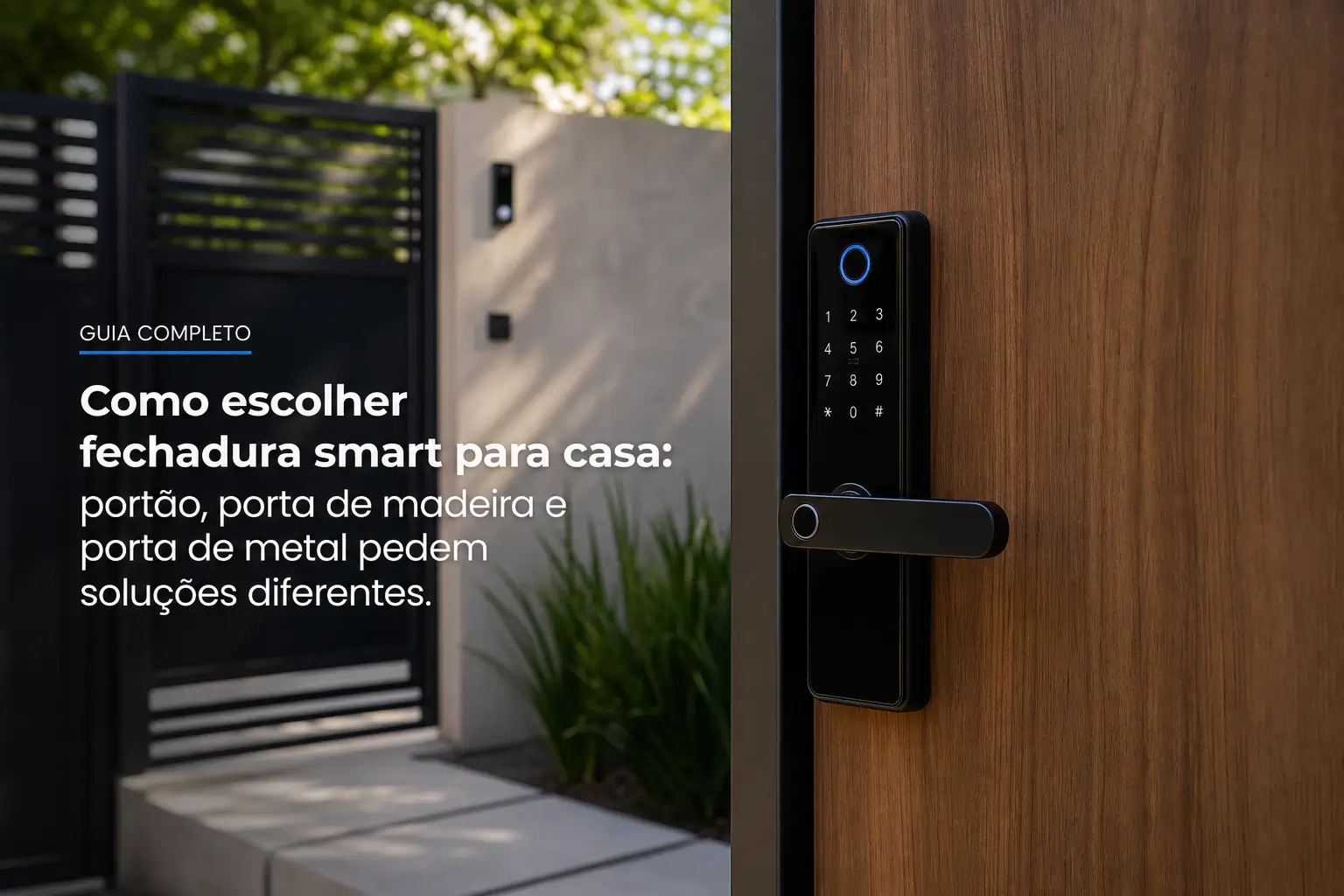 Fechadura digital com teclado numérico e luz azul em porta de madeira