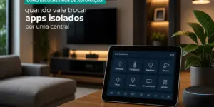 Sala moderna com tablet exibindo automação, plantas e TV
