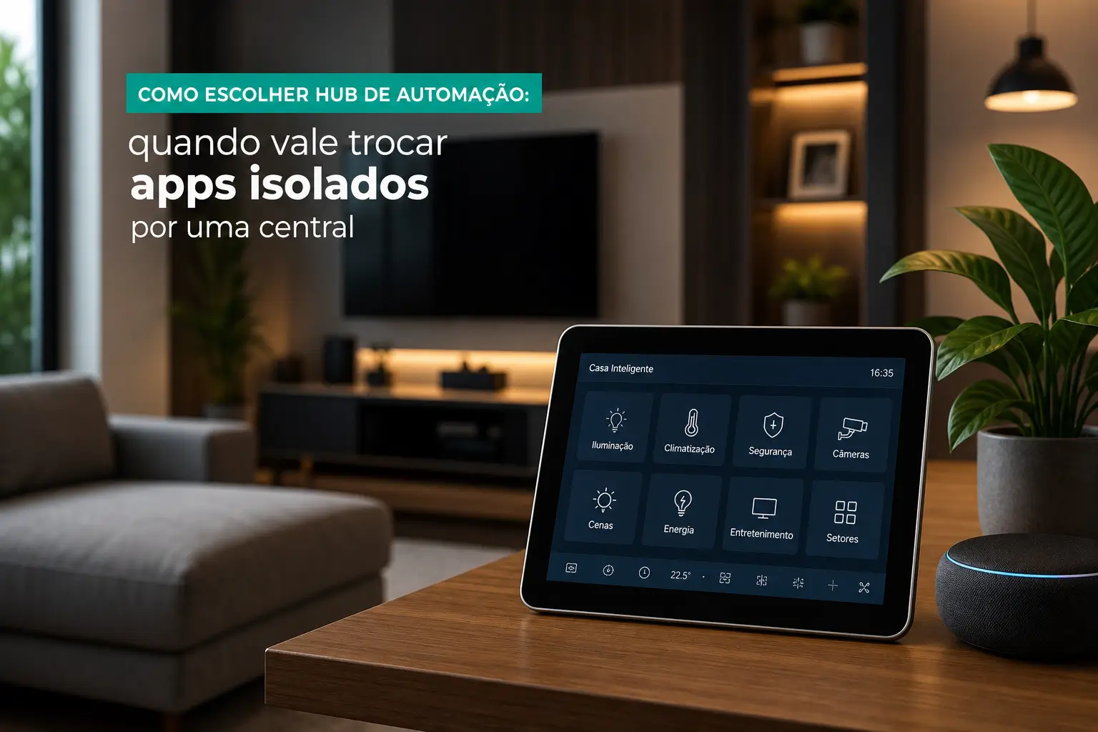 Sala moderna com tablet exibindo automação, plantas e TV
