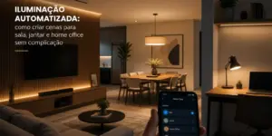 Sala moderna com iluminação automatizada e controle via celular