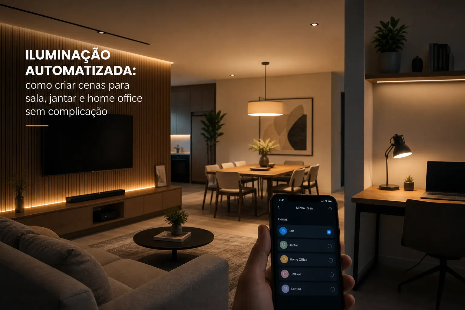 Sala moderna com iluminação automatizada e controle via celular