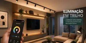 Sala de estar moderna com iluminação inteligente controlada por app