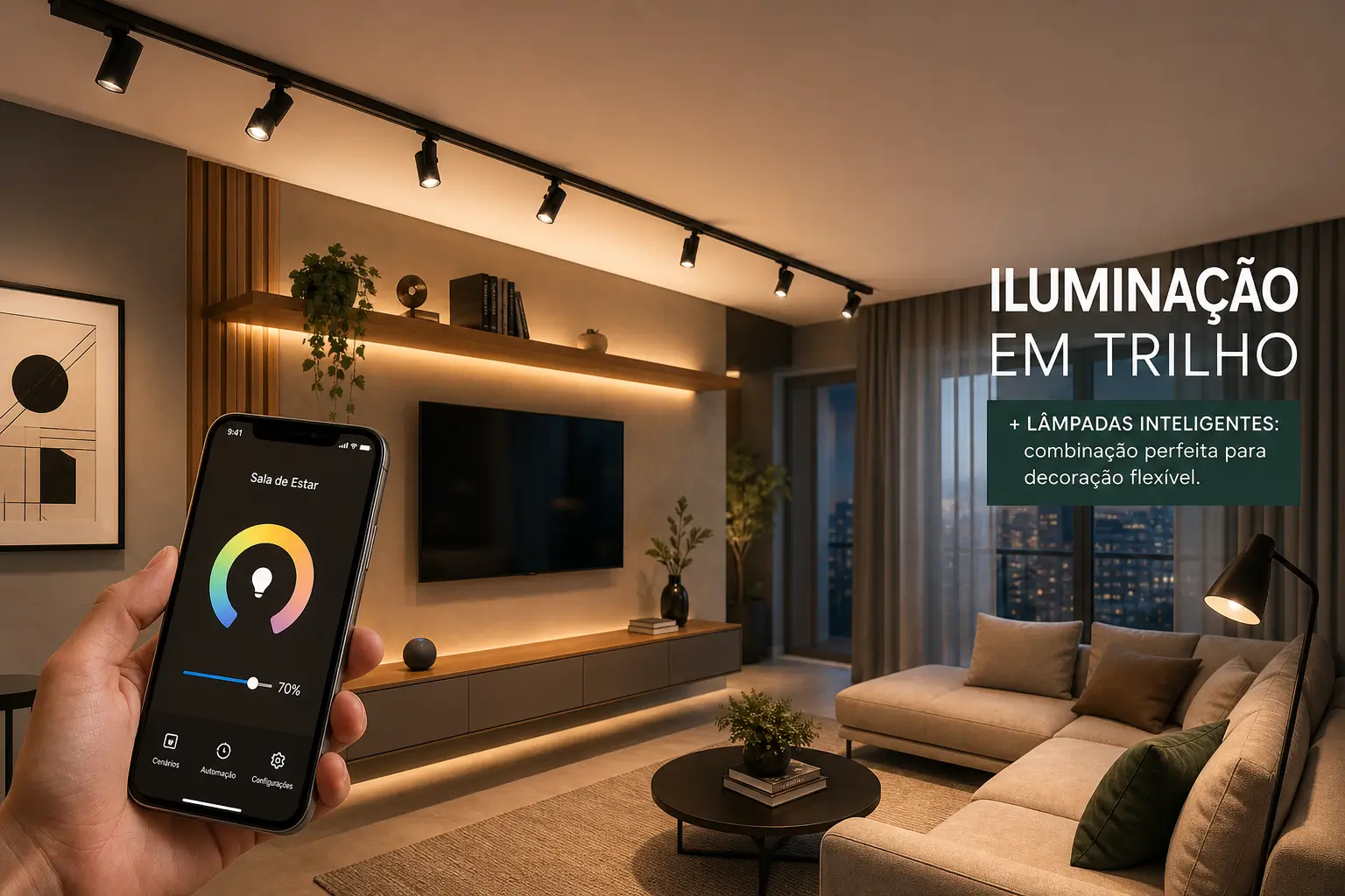 Sala de estar moderna com iluminação inteligente controlada por app