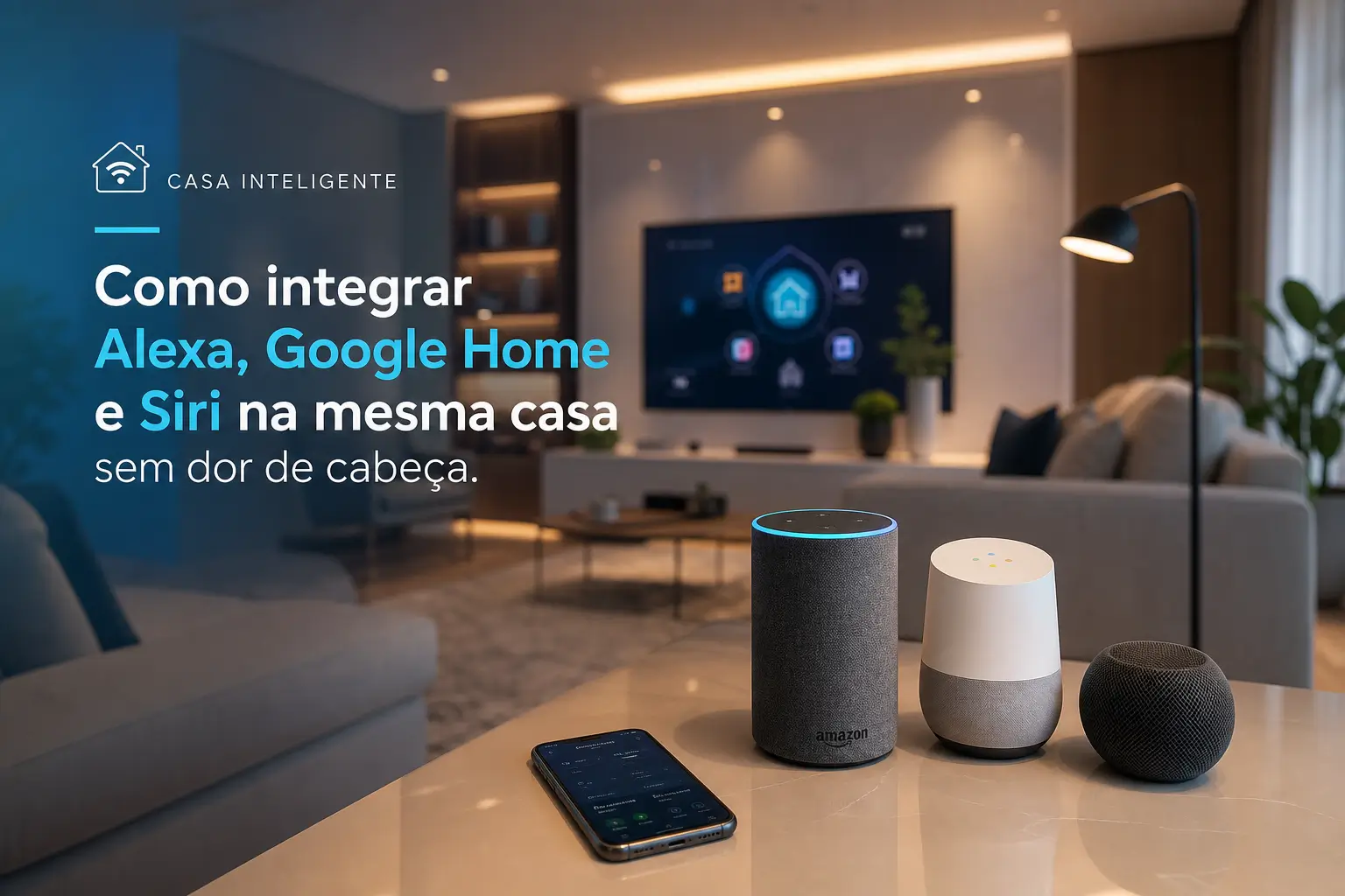 Sala moderna com mesa iluminada e dispositivos inteligentes