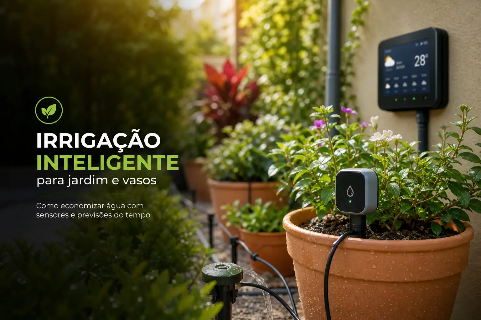 Jardim com irrigação inteligente e temperatura de 28°