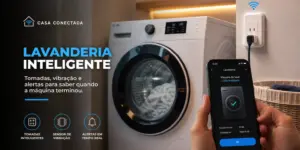 Lavanderia inteligente com smartphone mostrando ciclo finalizado