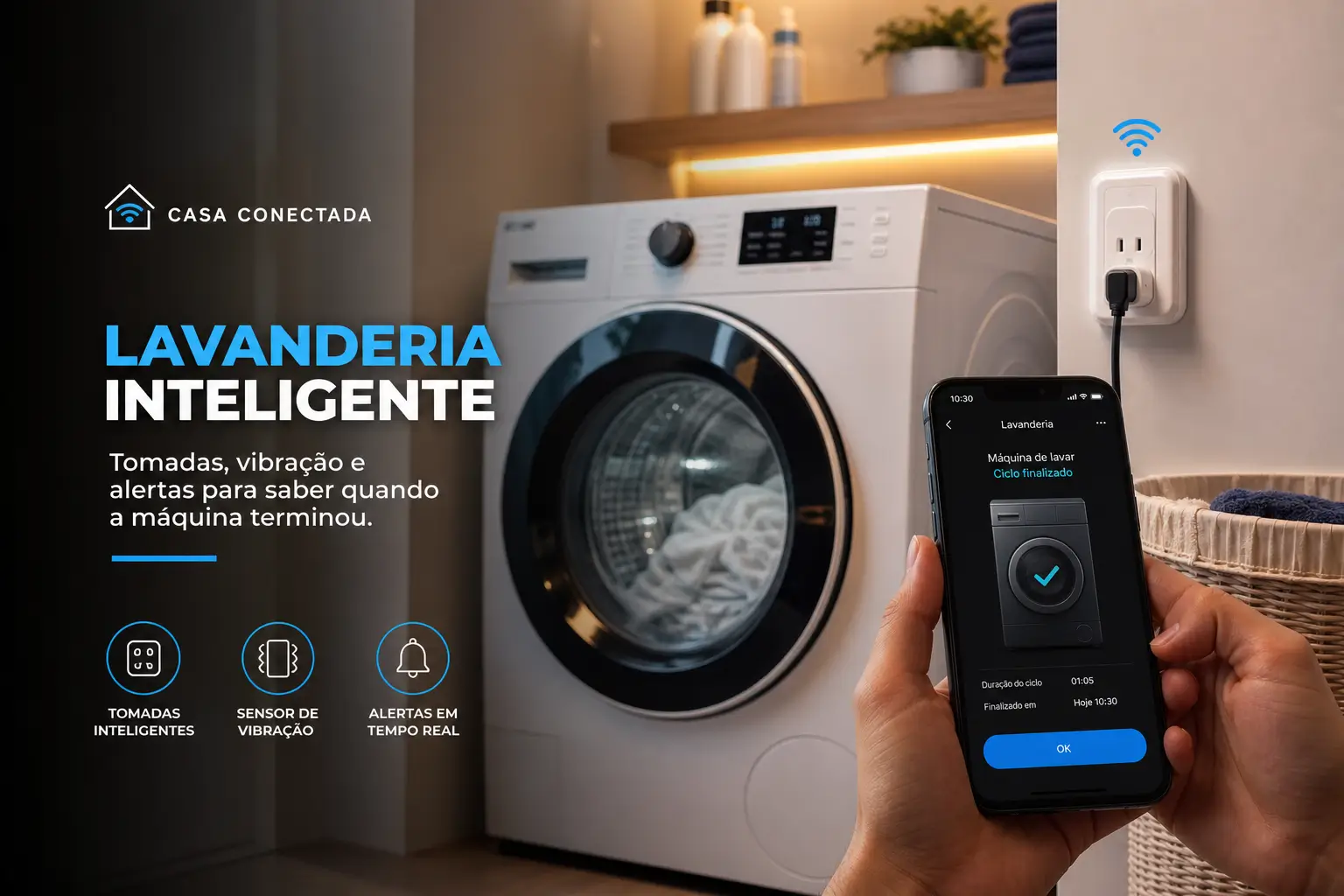 Lavanderia inteligente com smartphone mostrando ciclo finalizado