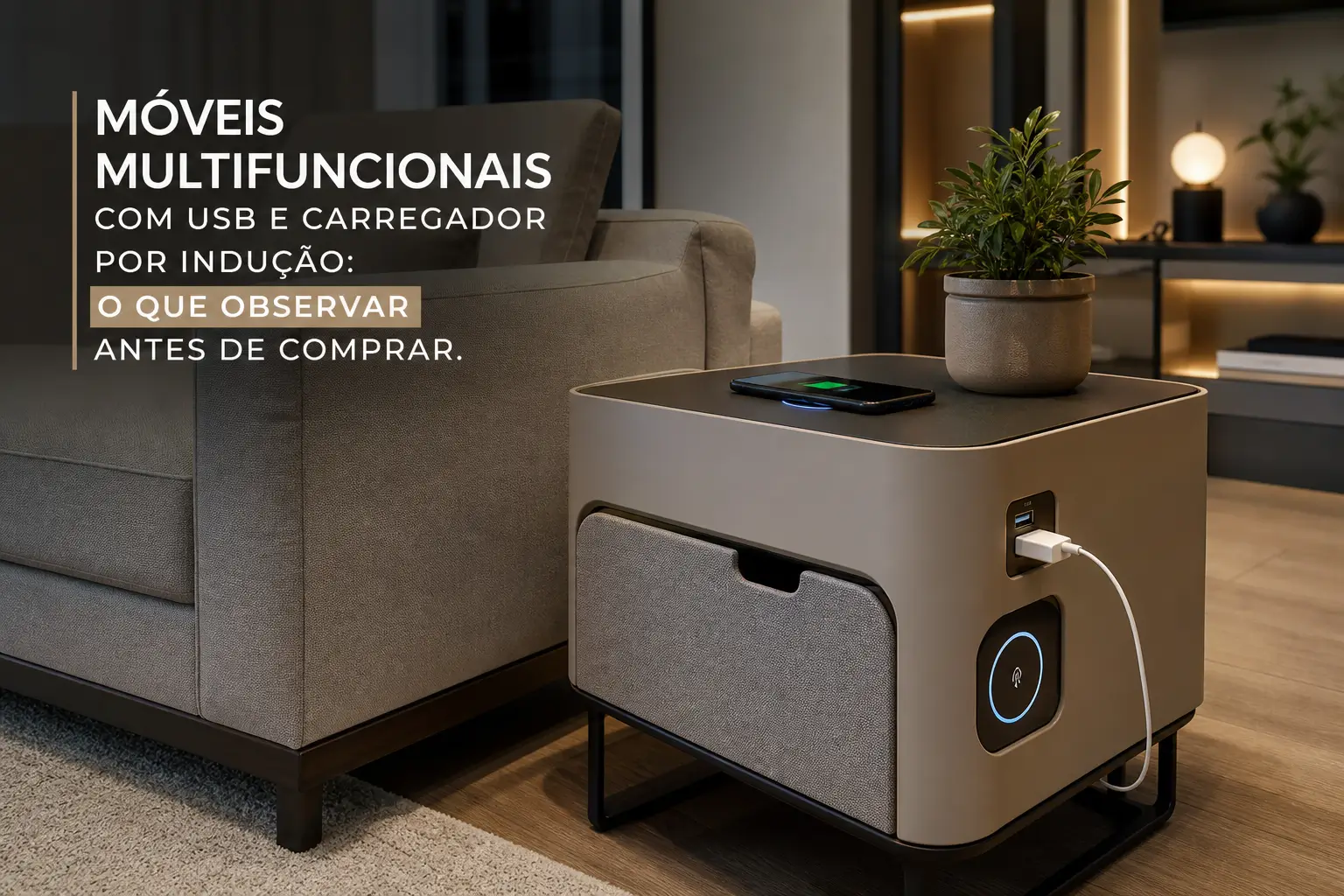 Móvel multifuncional com USB e carregador ao lado de sofá