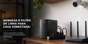 Sala moderna com roteador e câmera de segurança montada na parede