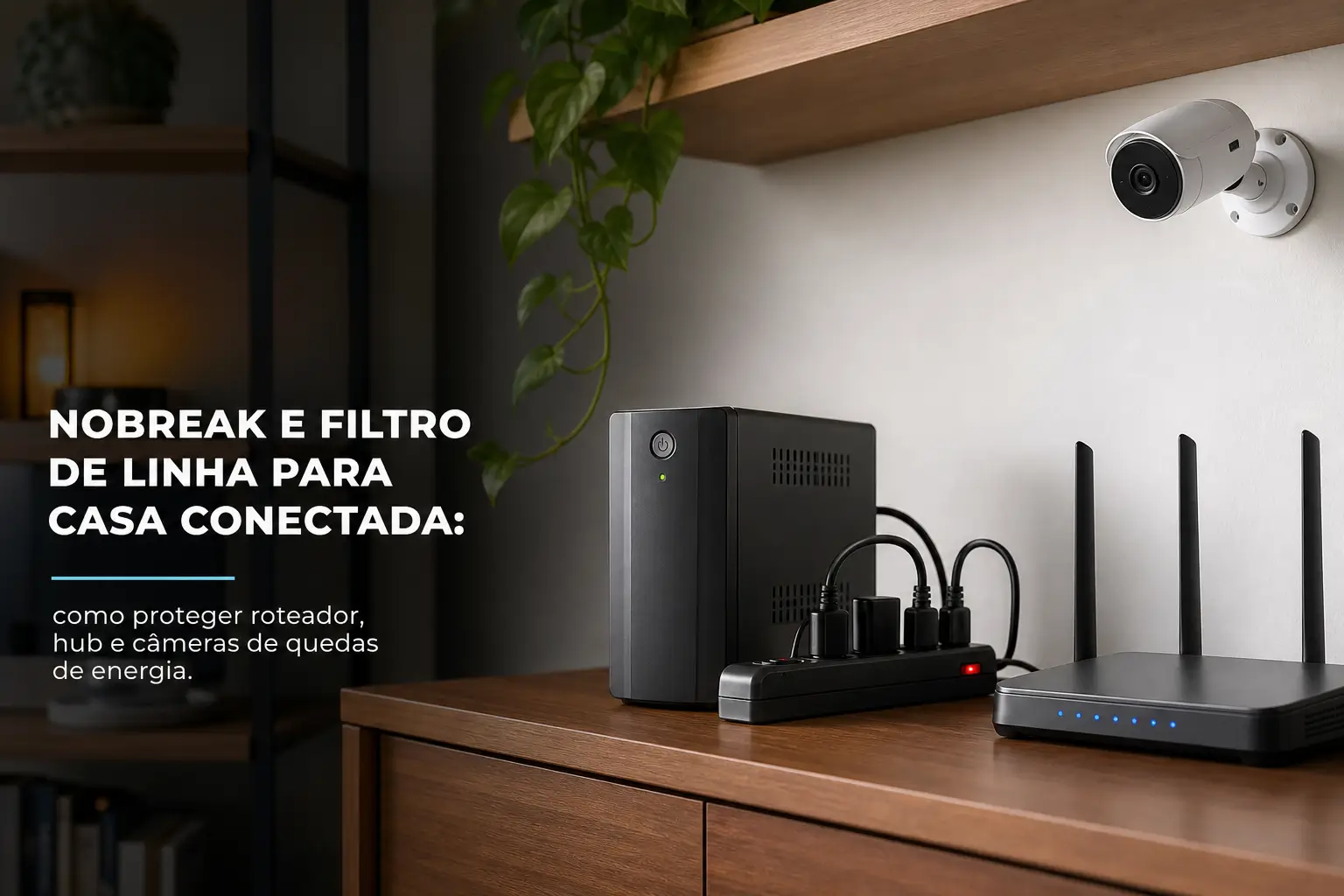 Sala moderna com roteador e câmera de segurança montada na parede