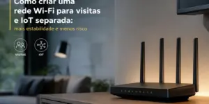 Roteador Wi-Fi com quatro antenas sobre uma mesa, destacando rede para visitas e IoT