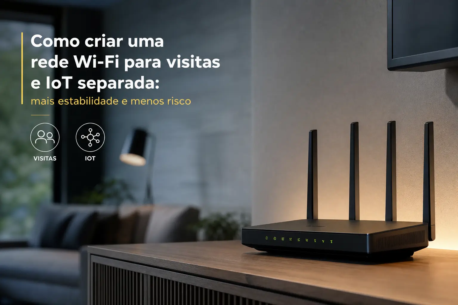Roteador Wi-Fi com quatro antenas sobre uma mesa, destacando rede para visitas e IoT