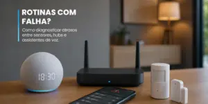 Configuração de casa inteligente com hub Wi-Fi e sensores em mesa de madeira