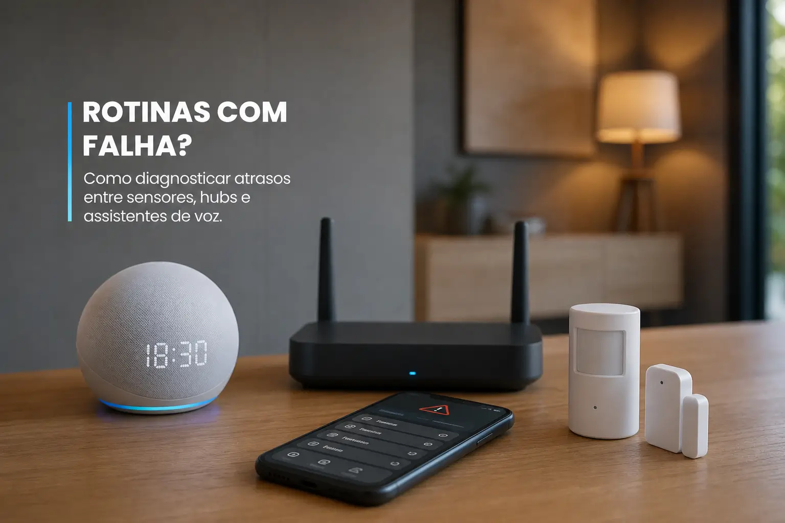 Configuração de casa inteligente com hub Wi-Fi e sensores em mesa de madeira