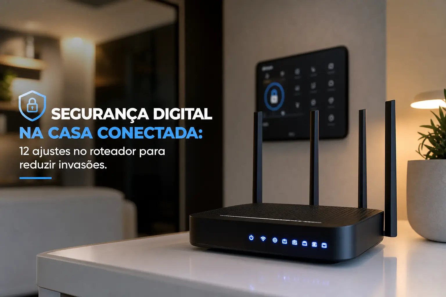Roteador Wi-Fi moderno com tela de segurança, 2026
