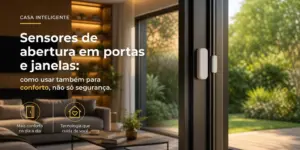 Sala moderna com painel 'CASA INTELIGENTE' e jardim ao fundo