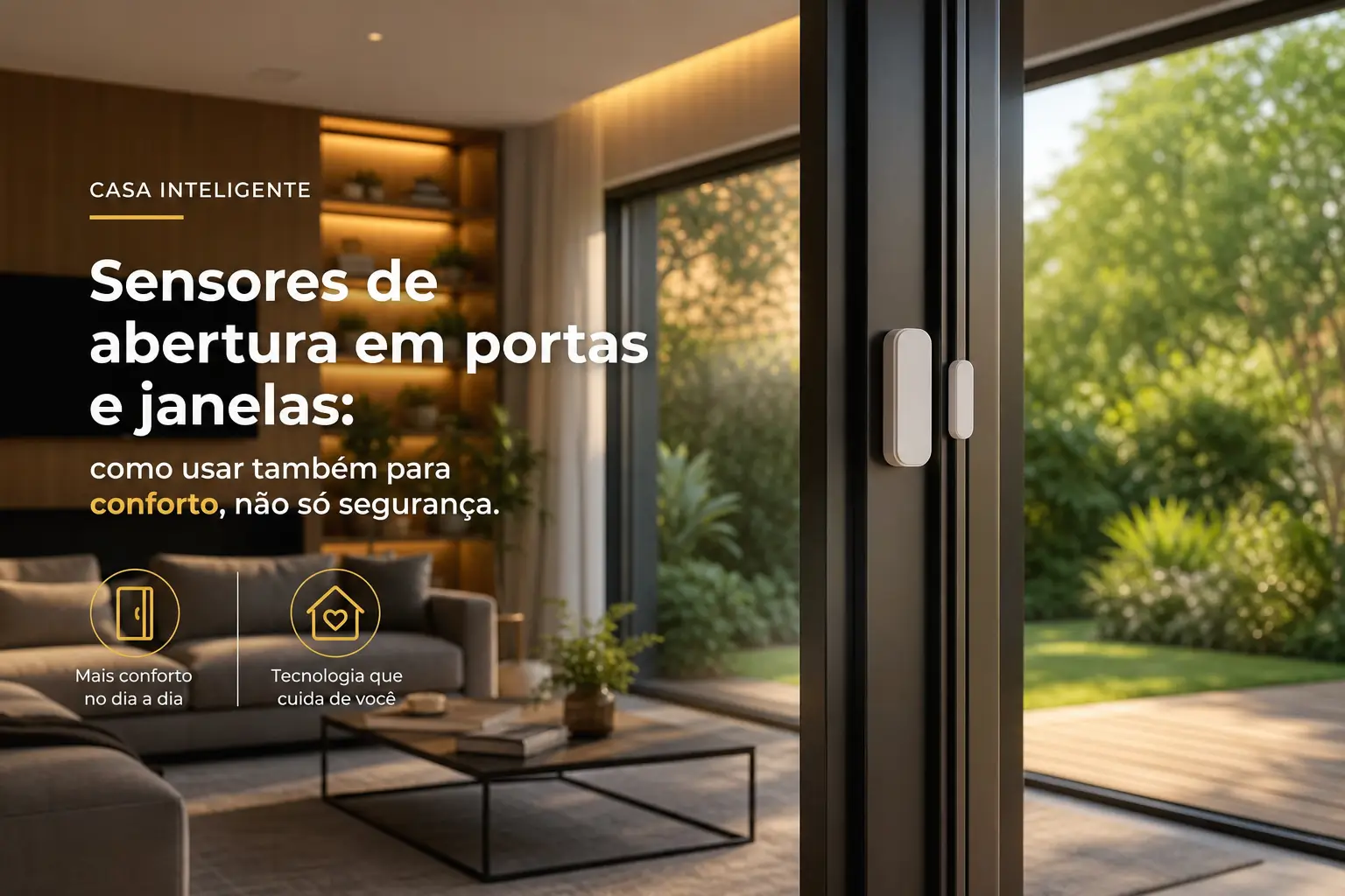 Sala moderna com painel 'CASA INTELIGENTE' e jardim ao fundo