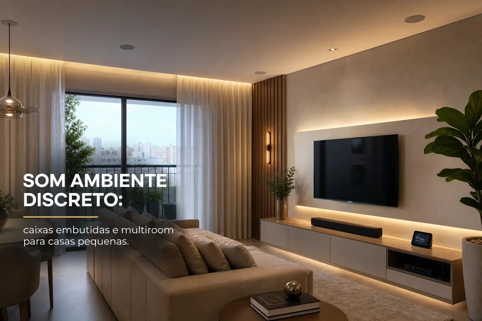 Sala moderna com sofá, TV e plantas para educação financeira