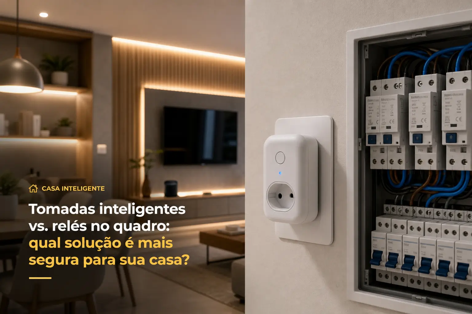 Sala moderna com tomada inteligente e quadro elétrico embutido
