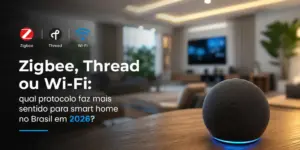 Sala moderna com alto-falante inteligente e luz azul em 2026
