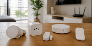 Lâmpada, tomada, sensor, botão e hub formando um kit inicial de casa inteligente