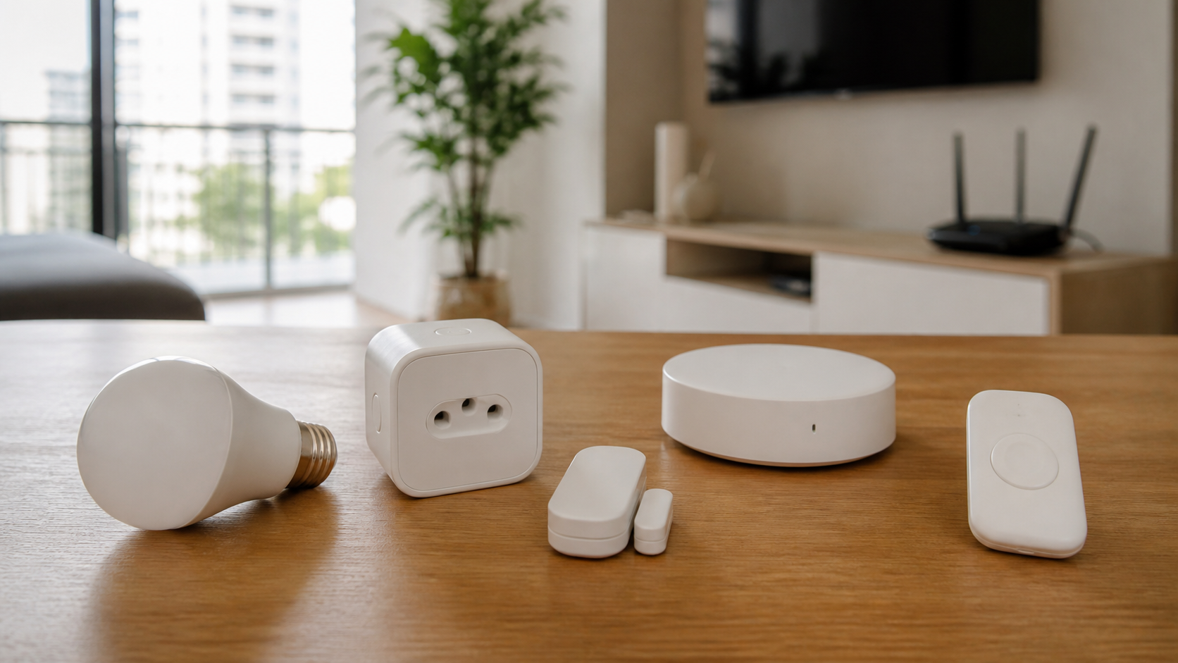 Lâmpada, tomada, sensor, botão e hub formando um kit inicial de casa inteligente