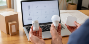 Pessoa compara sensor, lâmpada e hub diante de uma tabela de compatibilidade